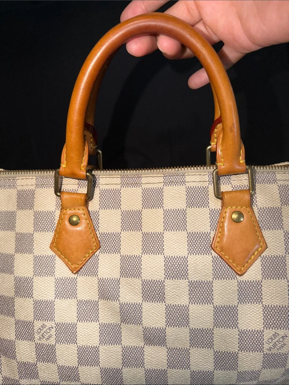 Louis Vuitton Damier Azur Speedy Handbag - Light Blue & White with Vachetta